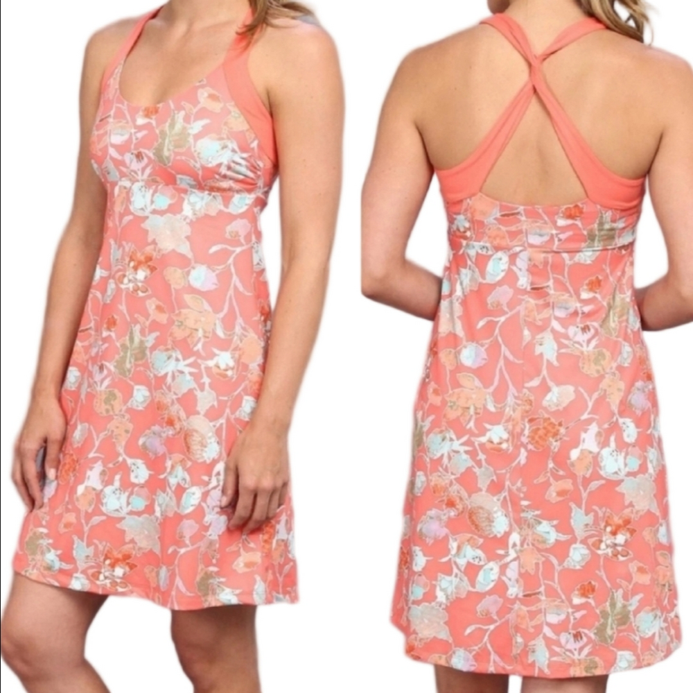 Patagonia Morning Glory Jersey Knit Coral Floral Print Crossback A Line Dress - Picture 1 of 16